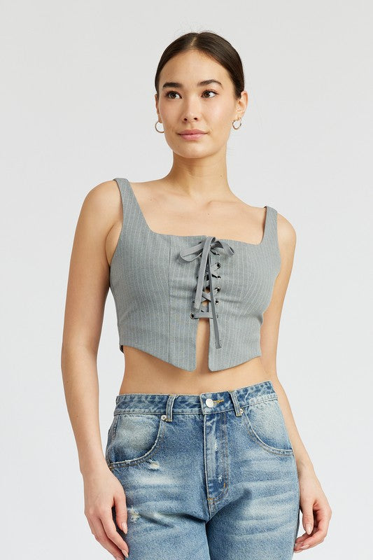 SQUARE NECK TOP WITH LACE UP FRONT GREY WHITE S by Emory Park | Fleurcouture