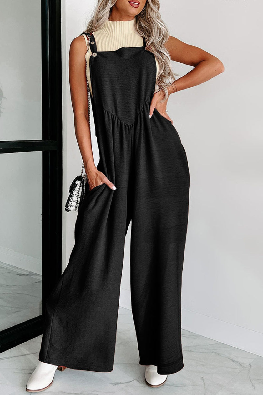 Square Neck Wide Strap Jumpsuit Black S Jumpsuits by Trendsi | Fleurcouture
