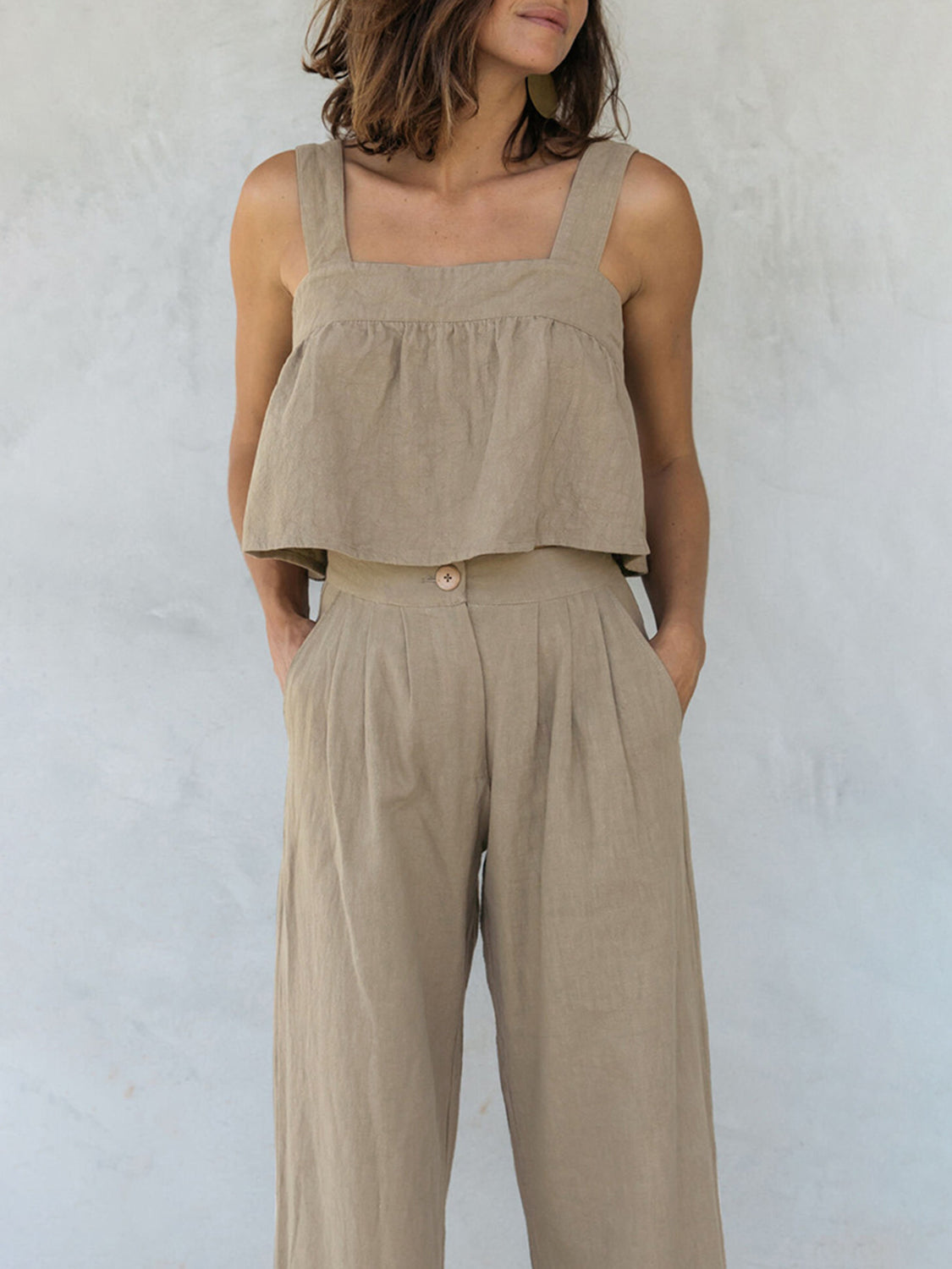 Square Neck Wide Strap Top and Pants Set Khaki S Women&