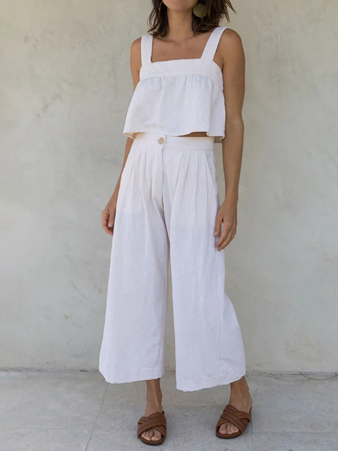 Square Neck Wide Strap Top and Pants Set White S Women&