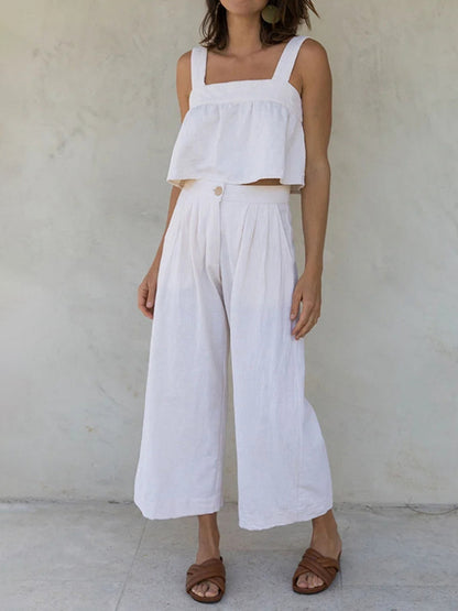 Square Neck Wide Strap Top and Pants Set White S Women&