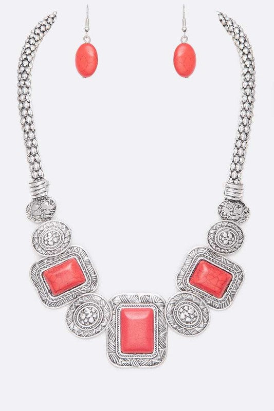 Square Stone Necklace Set Red O/S by LA Jewelry Plaza | Fleurcouture