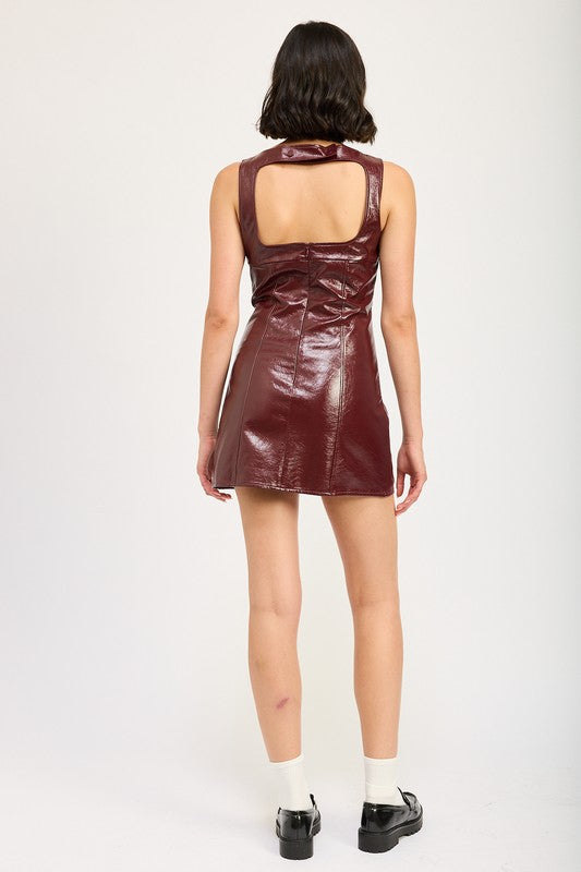 SQUARED NECK LEATHER MINI DRESS WITH OPEN BACK WINE by Emory Park | Fleurcouture