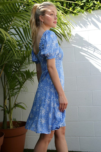 SS puff sleeve dress Blue floral by Lilou | Fleurcouture