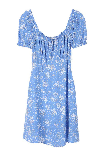 SS puff sleeve dress Blue floral by Lilou | Fleurcouture