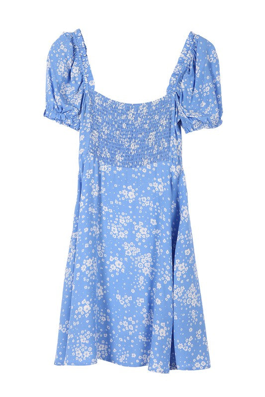 SS puff sleeve dress Blue floral by Lilou | Fleurcouture