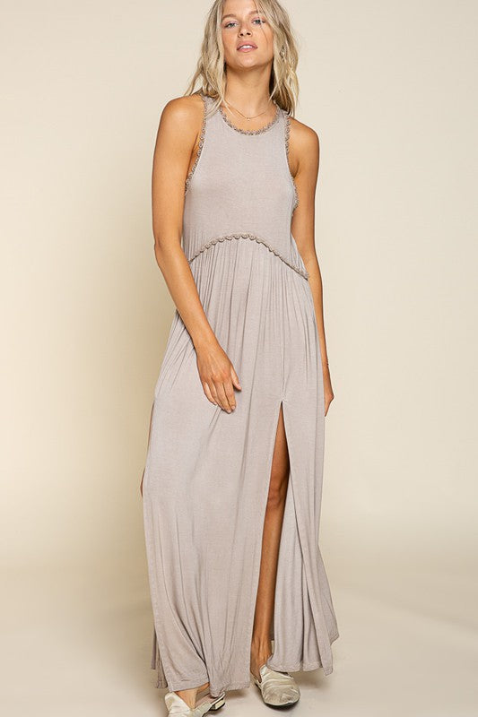 Stone Washed Side Slit Cut Out Maxi Dress by POL | Fleurcouture