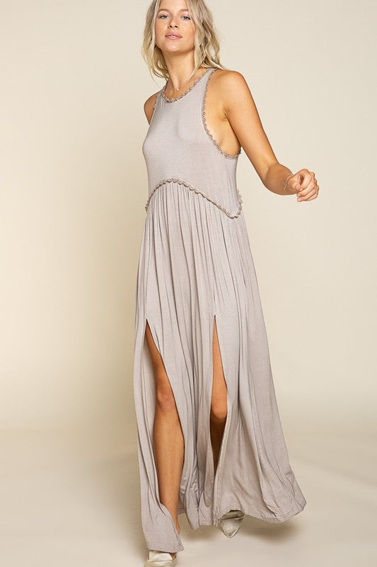 Stone Washed Side Slit Cut Out Maxi Dress ROMANTIC TAUPE S by POL | Fleurcouture