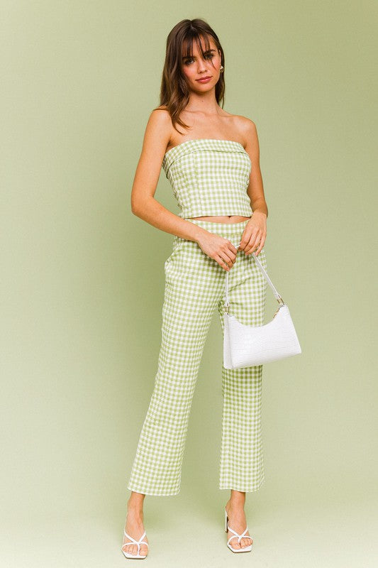 Straight Pants WHITE-GREEN GINGHAM S by LE LIS | Fleurcouture