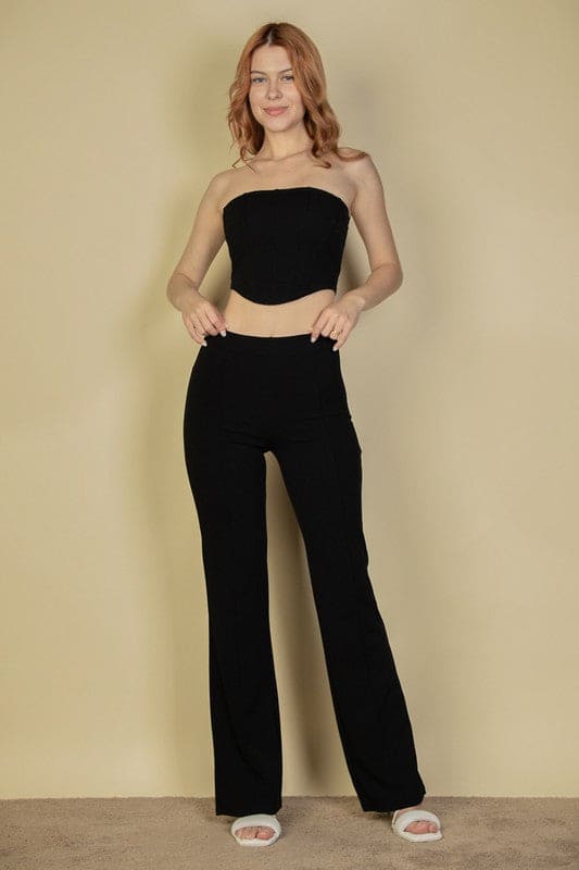 Strapless Corset Top &amp; Flare Pants Set Black S by Capella | Fleurcouture