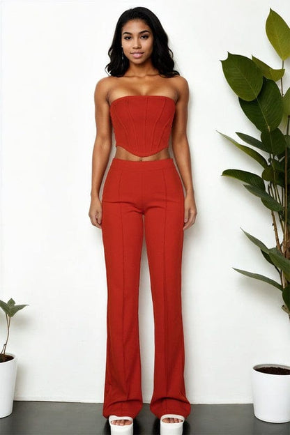 Strapless Corset Top &amp; Flare Pants Set by Capella | Fleurcouture