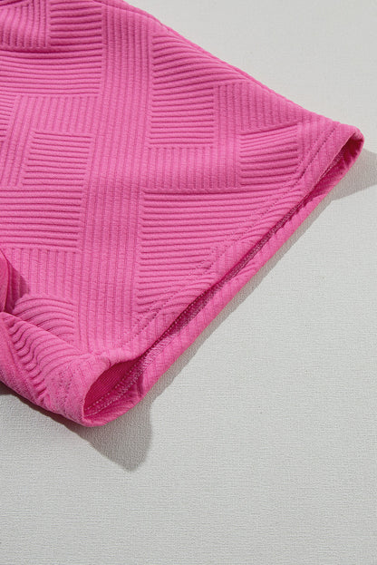 Strawberry Pink 2pcs Solid Textured Drawstring Shorts Set 95%Polyester+5%Elastane Two Piece Sets/Short Sets by Fleurcouture | Fleurcouture