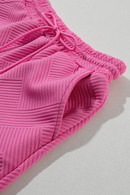 Strawberry Pink 2pcs Solid Textured Drawstring Shorts Set 95%Polyester+5%Elastane Two Piece Sets/Short Sets by Fleurcouture | Fleurcouture