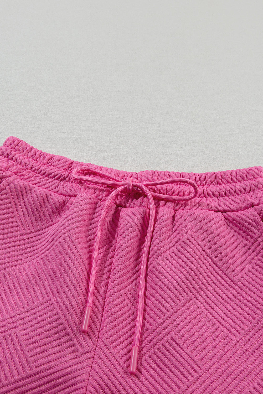 Strawberry Pink 2pcs Solid Textured Drawstring Shorts Set 95%Polyester+5%Elastane Two Piece Sets/Short Sets by Fleurcouture | Fleurcouture