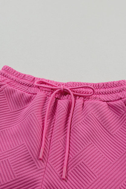 Strawberry Pink 2pcs Solid Textured Drawstring Shorts Set 95%Polyester+5%Elastane Two Piece Sets/Short Sets by Fleurcouture | Fleurcouture
