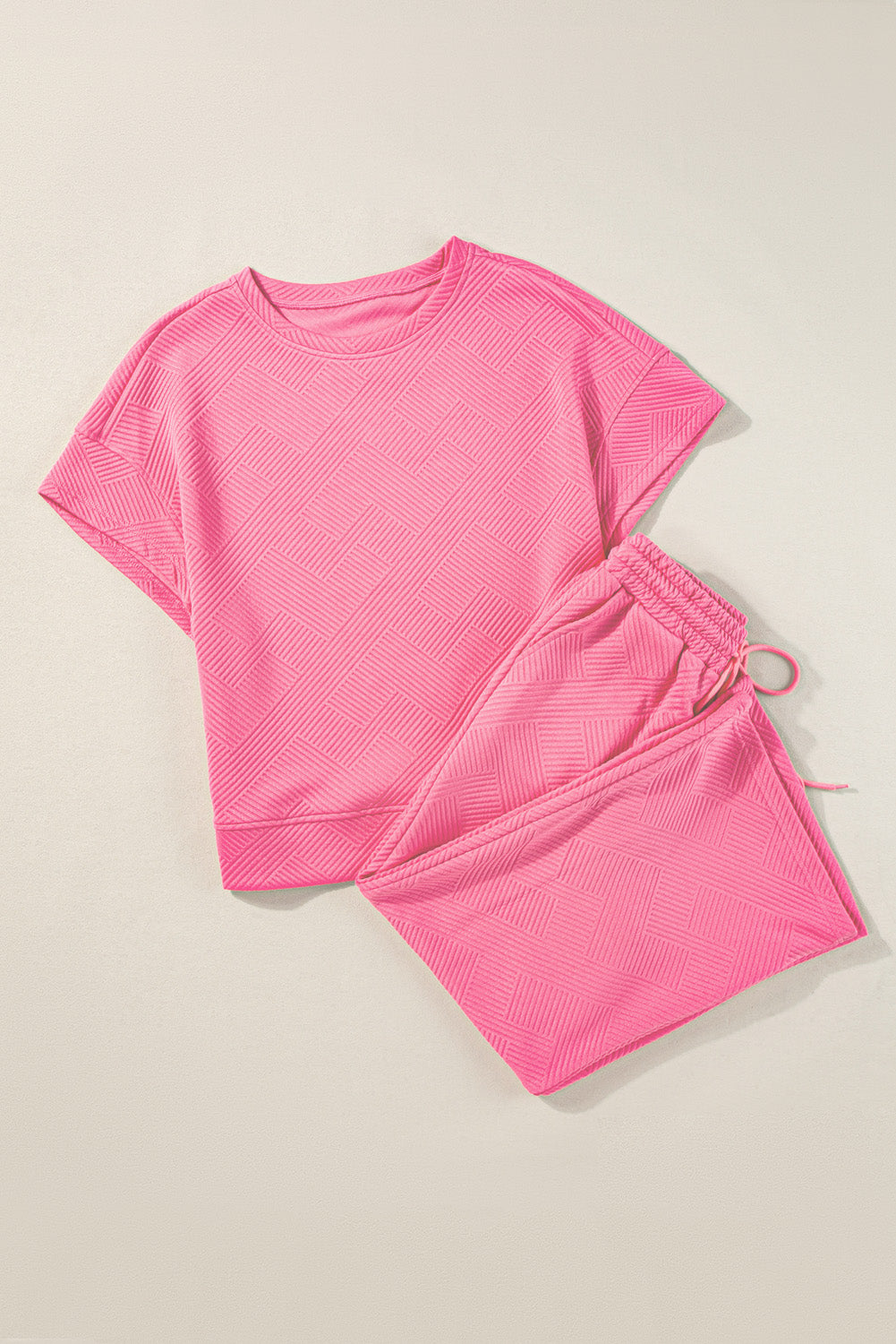 Strawberry Pink Textured Loose Fit T Shirt and Drawstring Pants Set 95%Polyester+5%Elastane Two Piece Sets/Pant Sets by Fleurcouture | Fleurcouture
