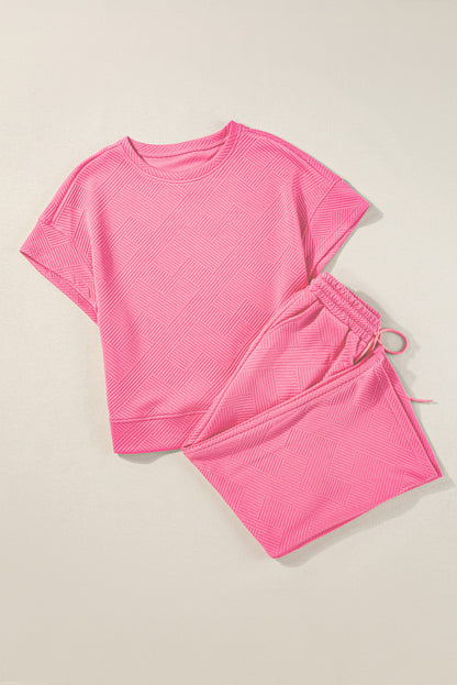 Strawberry Pink Textured Loose Fit T Shirt and Drawstring Pants Set 95%Polyester+5%Elastane Two Piece Sets/Pant Sets by Fleurcouture | Fleurcouture