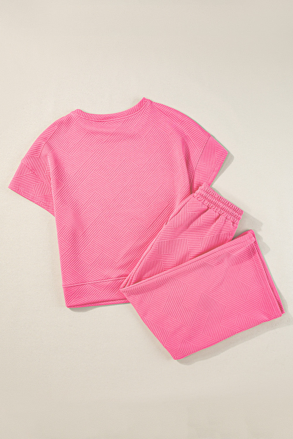 Strawberry Pink Textured Loose Fit T Shirt and Drawstring Pants Set 95%Polyester+5%Elastane Two Piece Sets/Pant Sets by Fleurcouture | Fleurcouture