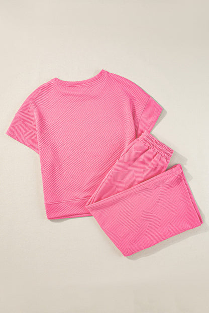 Strawberry Pink Textured Loose Fit T Shirt and Drawstring Pants Set 95%Polyester+5%Elastane Two Piece Sets/Pant Sets by Fleurcouture | Fleurcouture