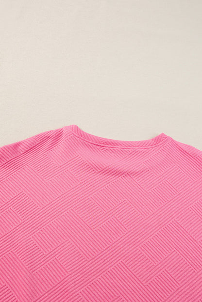 Strawberry Pink Textured Loose Fit T Shirt and Drawstring Pants Set 95%Polyester+5%Elastane Two Piece Sets/Pant Sets by Fleurcouture | Fleurcouture