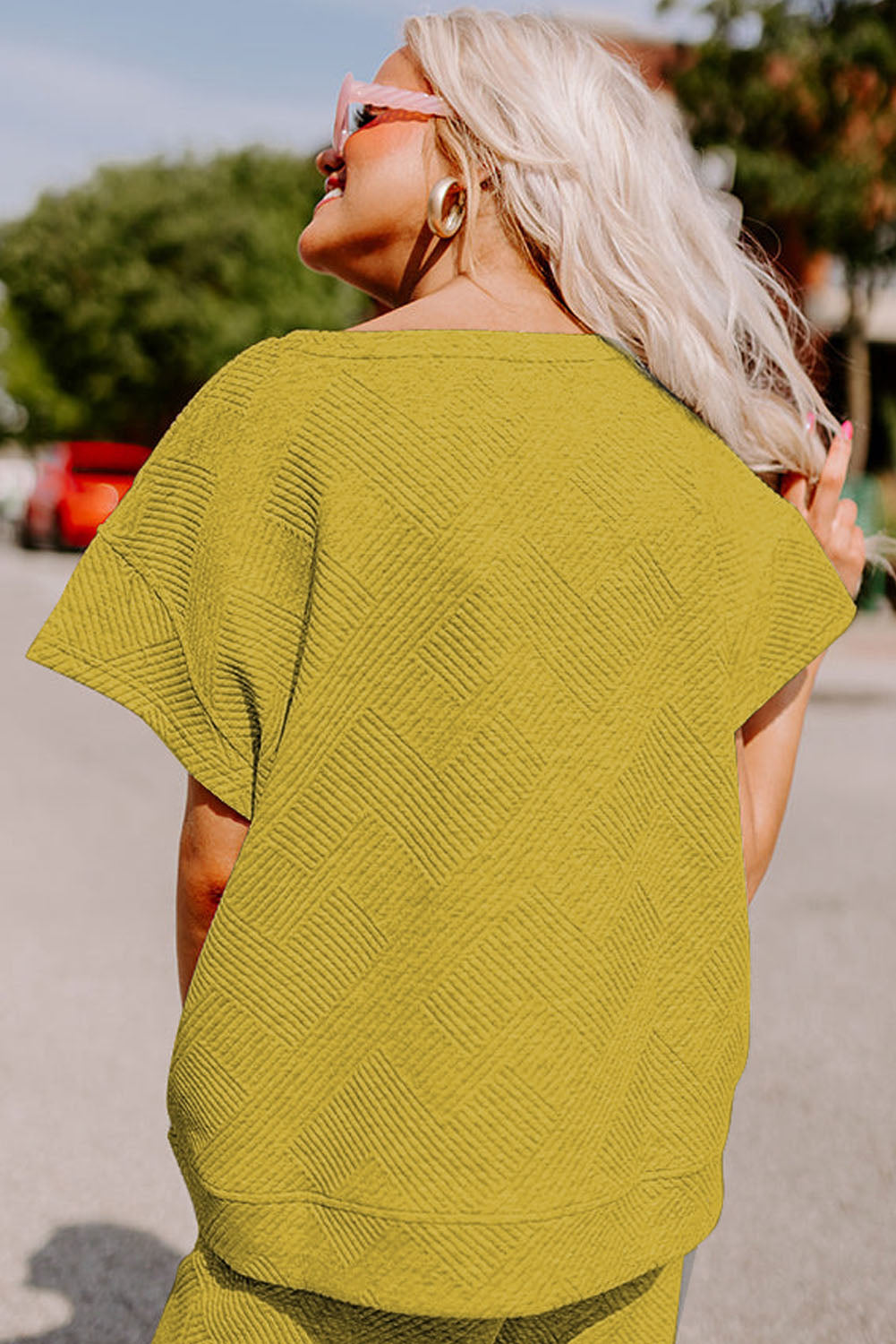 Strawberry Pink Textured Loose Fit T Shirt and Drawstring Pants Set 95%Polyester+5%Elastane Two Piece Sets/Pant Sets by Fleurcouture | Fleurcouture