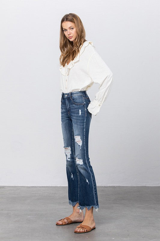 Stretch Mid Rise Crop Flare Jeans DARK by Denim Lab USA | Fleurcouture