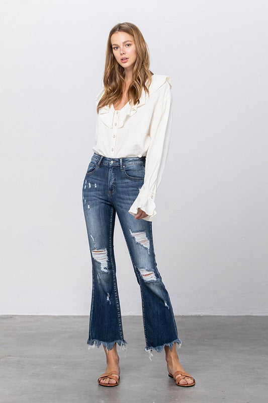 Stretch Mid Rise Crop Flare Jeans DARK by Denim Lab USA | Fleurcouture