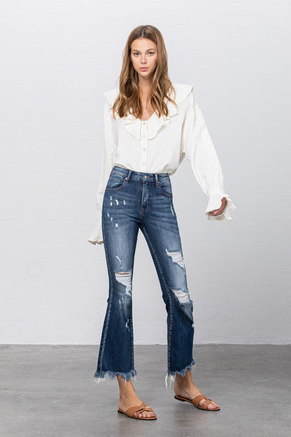 Stretch Mid Rise Crop Flare Jeans DARK by Denim Lab USA | Fleurcouture