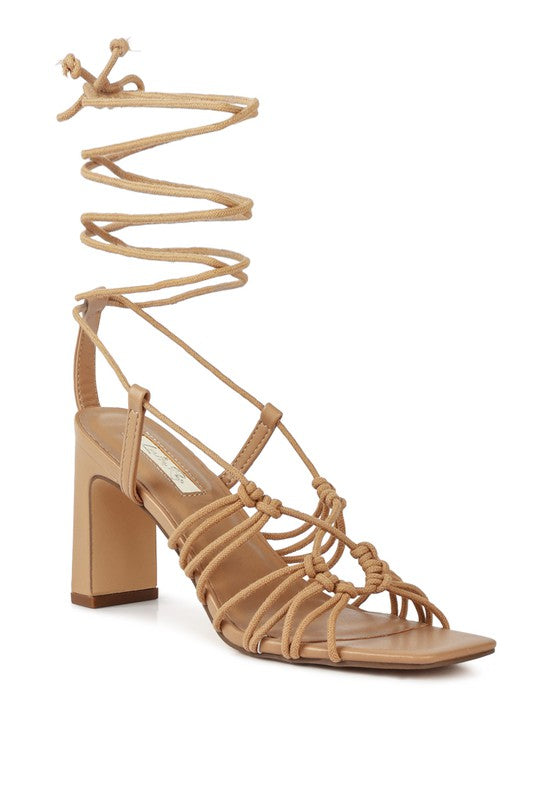 STRINGS ATTACH BRAIDED TIE UP BLOCK HEELED SANDAL Camel 7 by Rag Company | Fleurcouture