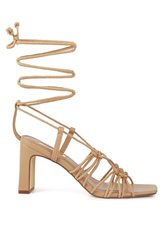 STRINGS ATTACH BRAIDED TIE UP BLOCK HEELED SANDAL Camel 7 by Rag Company | Fleurcouture