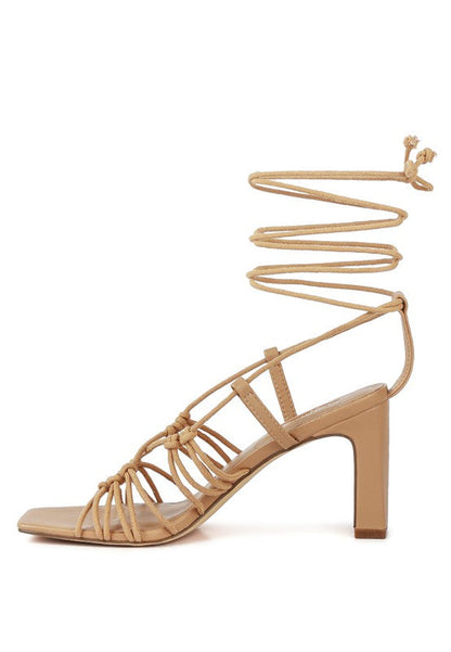 STRINGS ATTACH BRAIDED TIE UP BLOCK HEELED SANDAL Camel 7 by Rag Company | Fleurcouture