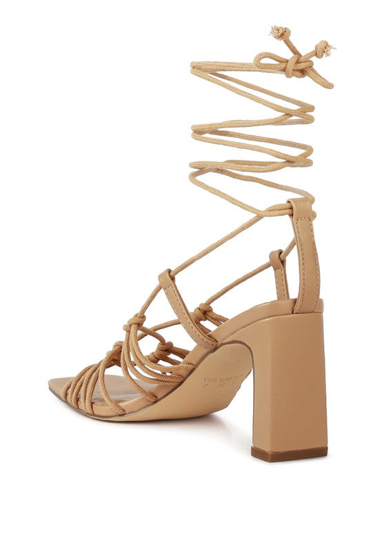 STRINGS ATTACH BRAIDED TIE UP BLOCK HEELED SANDAL Camel 7 by Rag Company | Fleurcouture