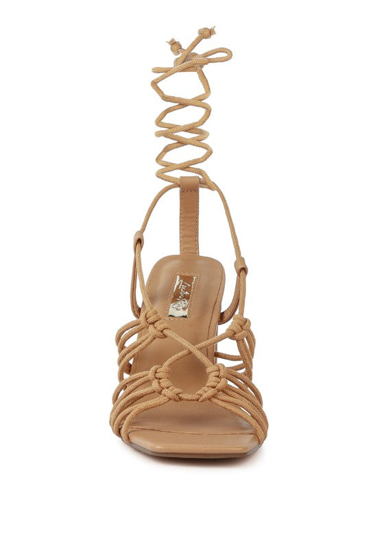 STRINGS ATTACH BRAIDED TIE UP BLOCK HEELED SANDAL Camel 7 by Rag Company | Fleurcouture