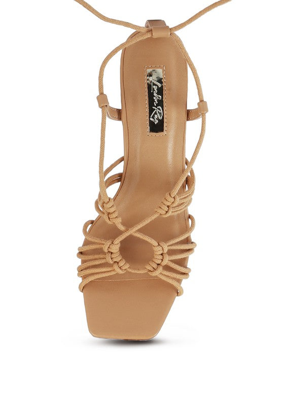 STRINGS ATTACH BRAIDED TIE UP BLOCK HEELED SANDAL Camel 7 by Rag Company | Fleurcouture