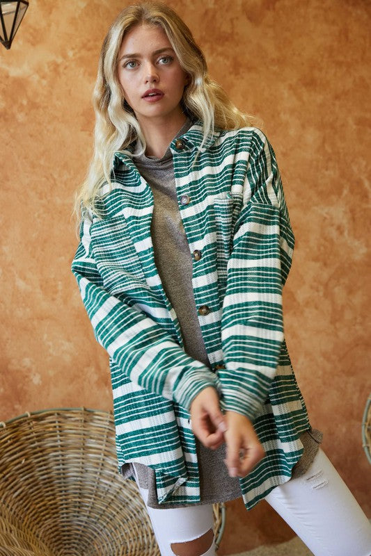 Stripe Button Down Long Sleeve Shacket Green S by Davi &amp; Dani | Fleurcouture