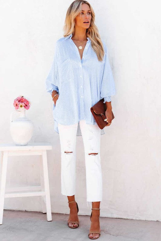Stripe Smocked shirred oversized shirt blouse one color S by EG fashion | Fleurcouture