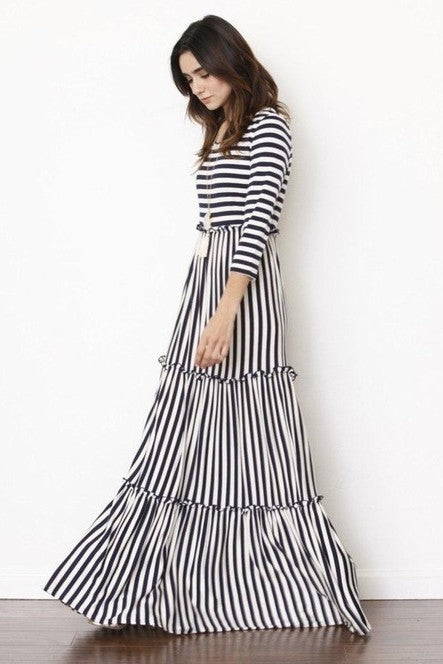 Stripe three tiered maxi dress Navy S by EG fashion | Fleurcouture