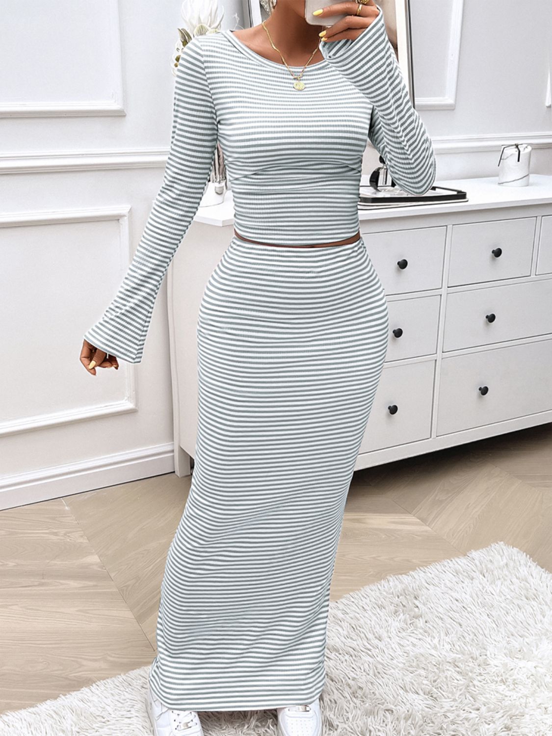 Striped Boat Neck Top and Skirt Set Women&