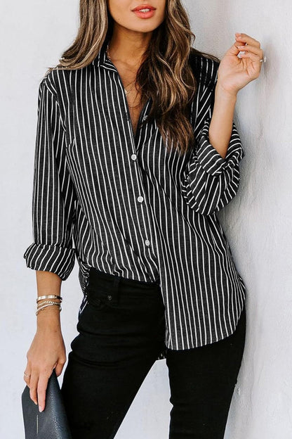 Striped Button Up Long Sleeve Shirt Black S Blouses by Trendsi | Fleurcouture