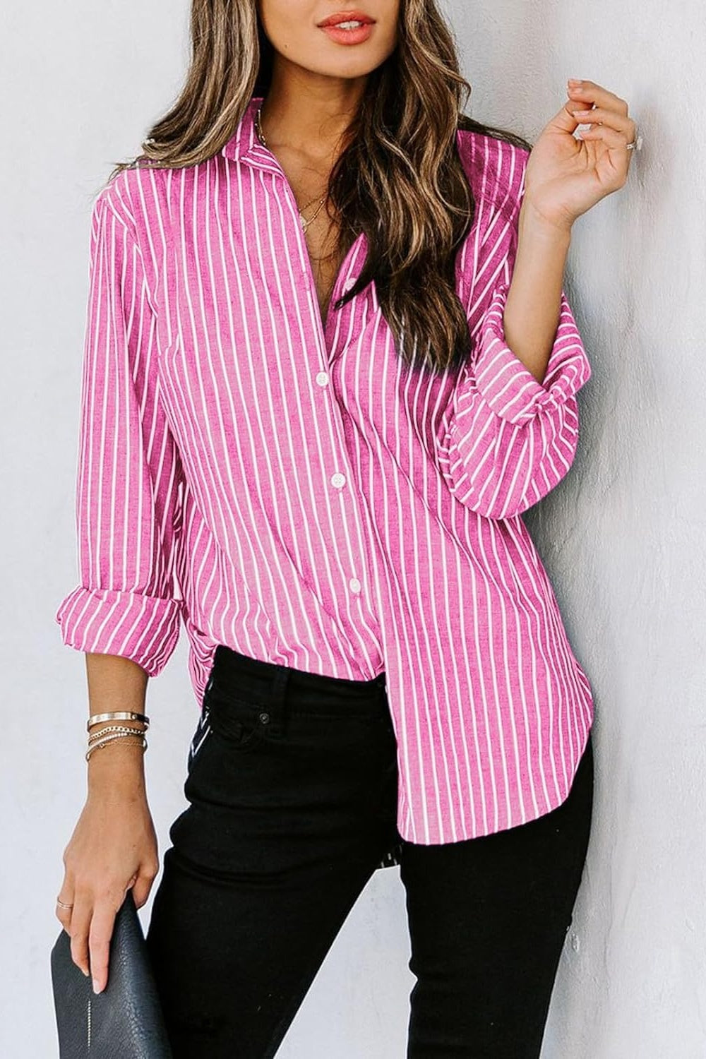 Striped Button Up Long Sleeve Shirt Blouses by Trendsi | Fleurcouture