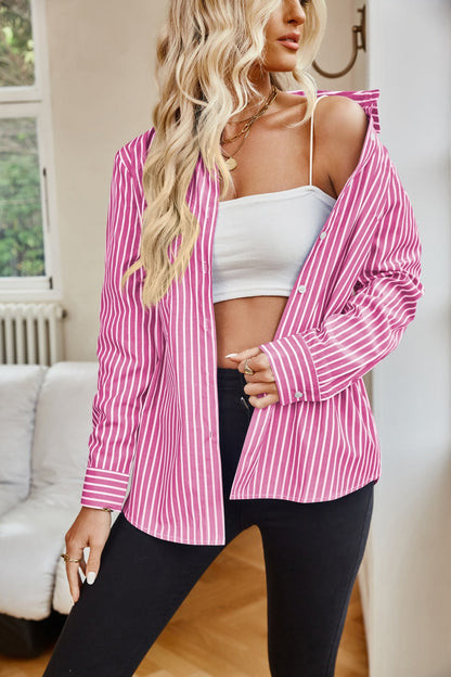 Striped Button Up Long Sleeve Shirt Blouses by Trendsi | Fleurcouture