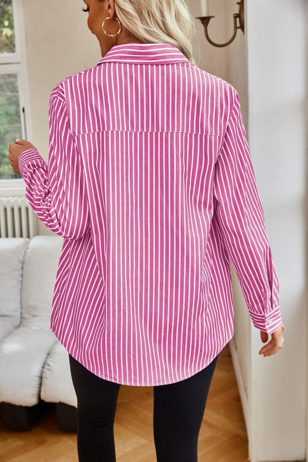 Striped Button Up Long Sleeve Shirt Blouses by Trendsi | Fleurcouture