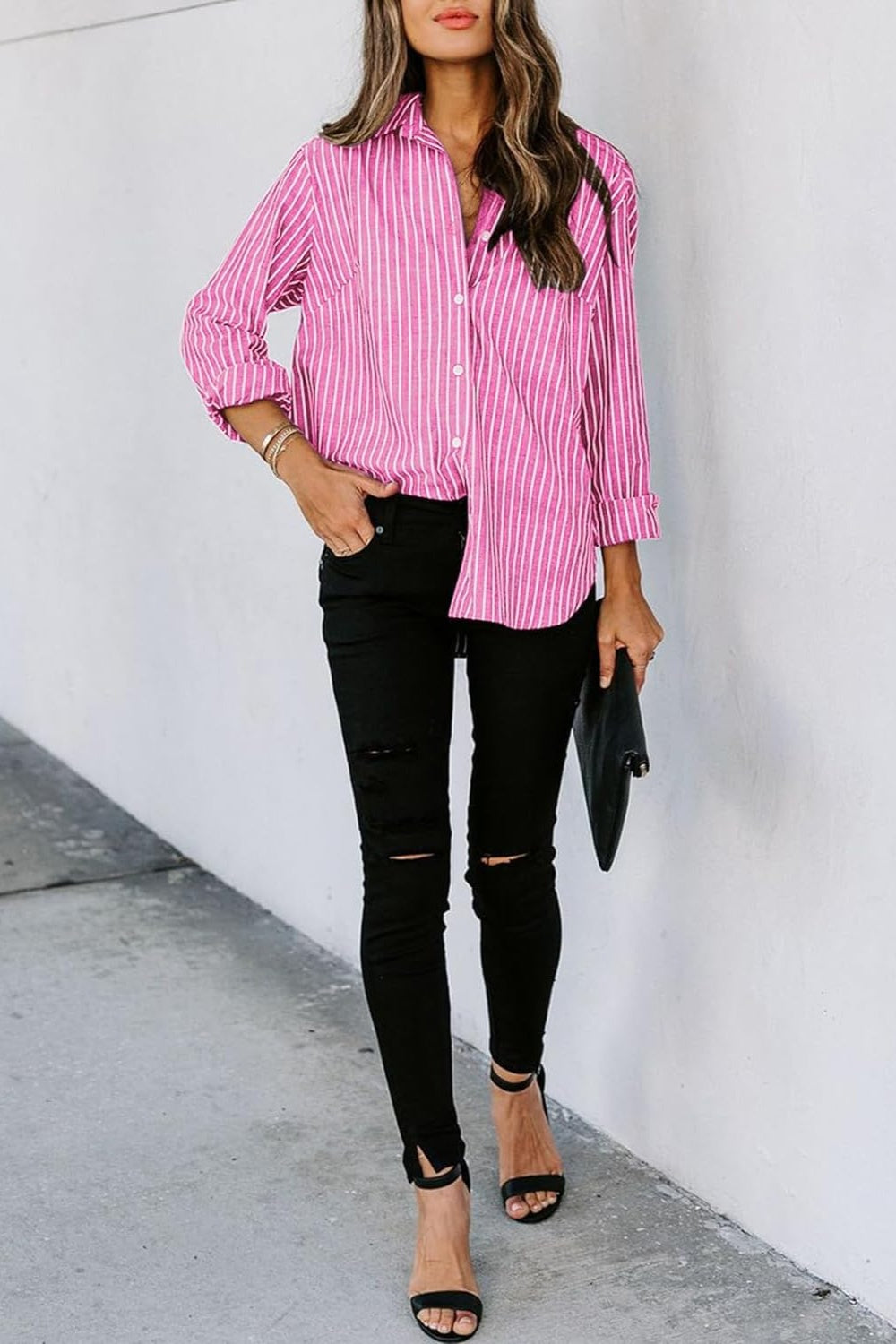 Striped Button Up Long Sleeve Shirt Blouses by Trendsi | Fleurcouture