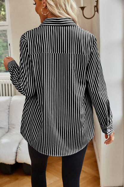 Striped Button Up Long Sleeve Shirt Blouses by Trendsi | Fleurcouture