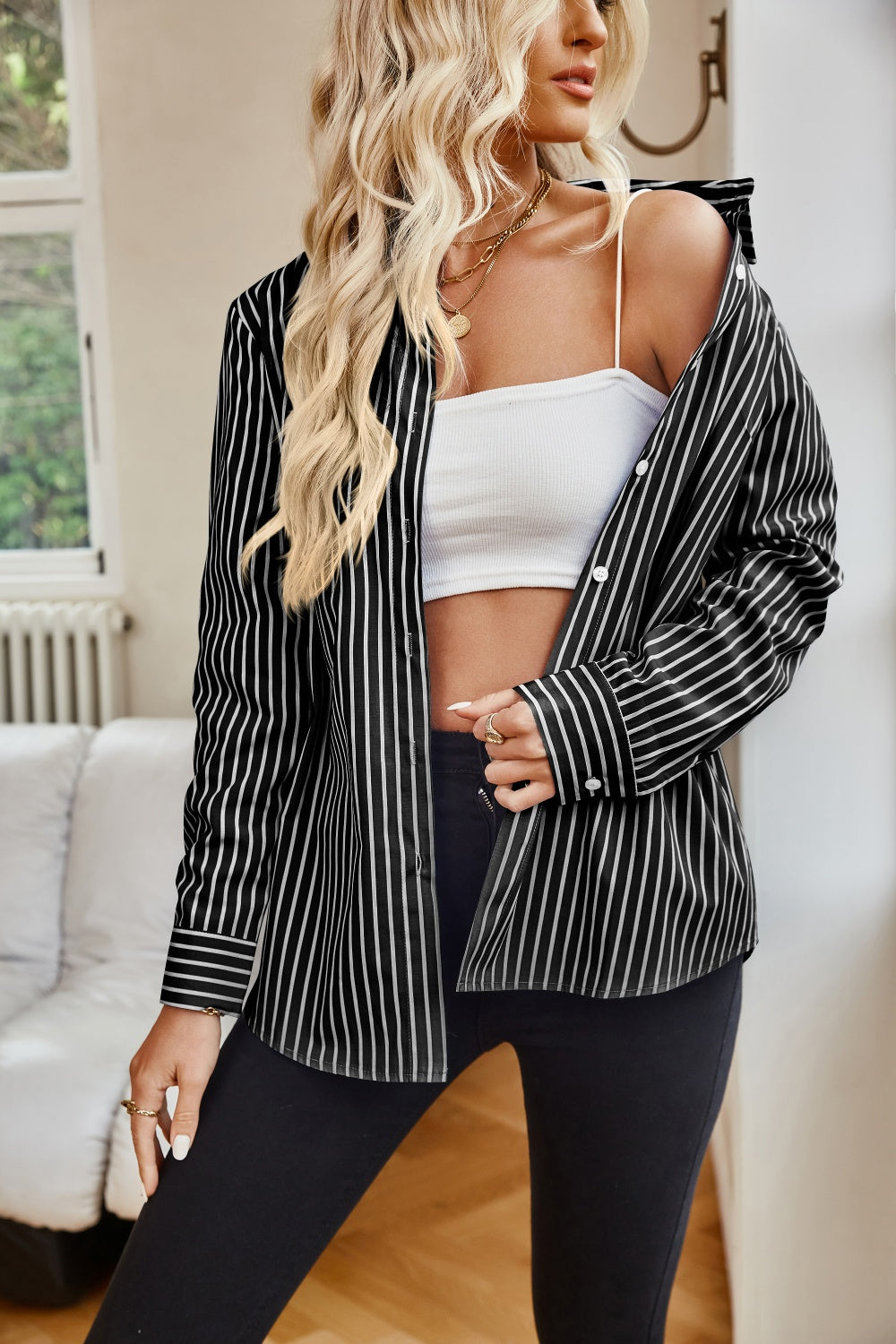 Striped Button Up Long Sleeve Shirt Blouses by Trendsi | Fleurcouture