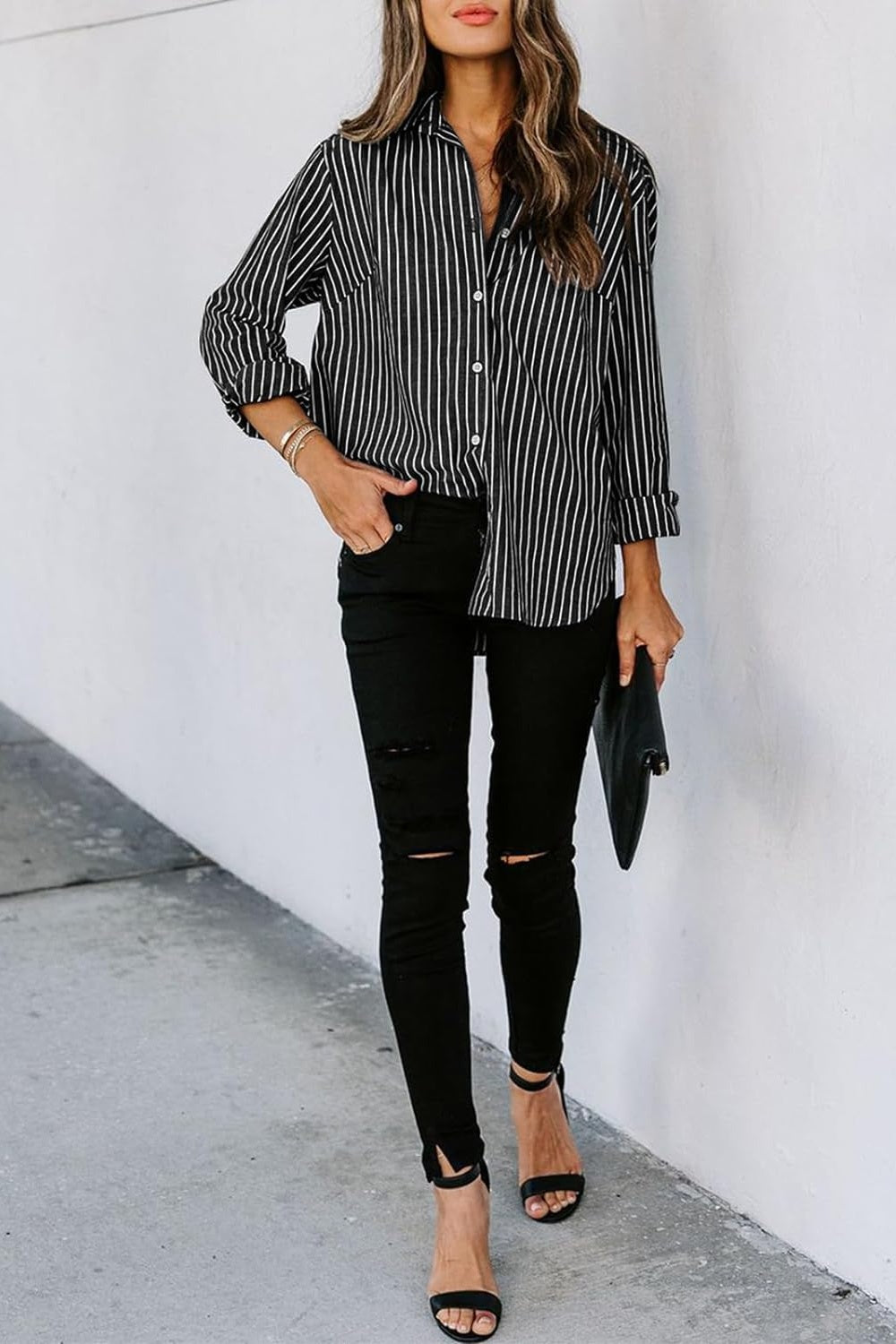 Striped Button Up Long Sleeve Shirt Blouses by Trendsi | Fleurcouture