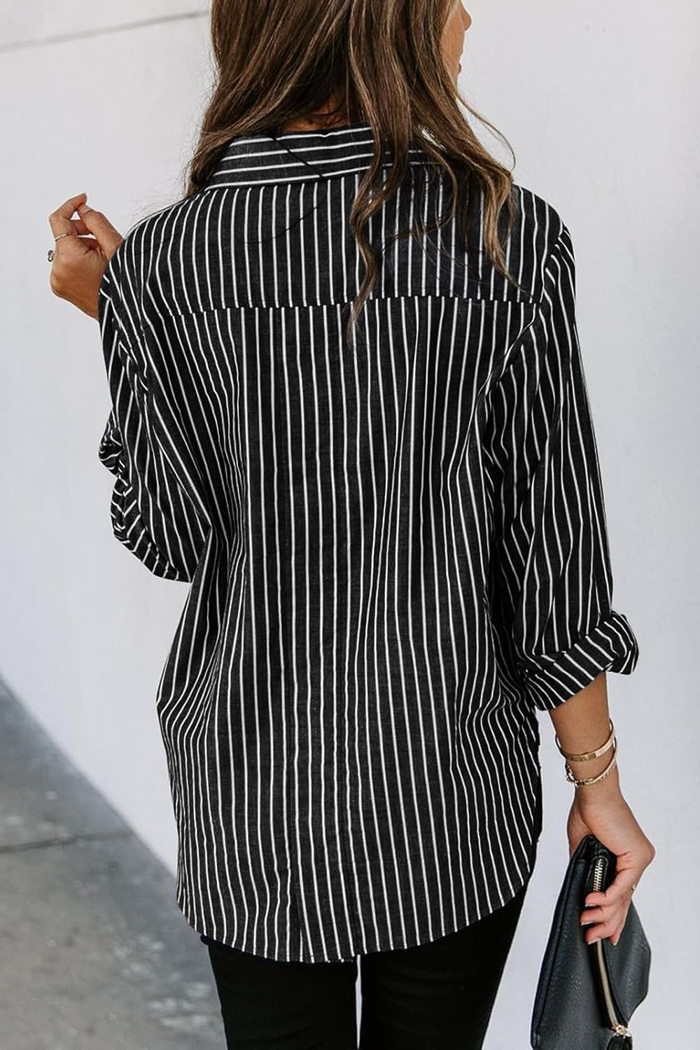 Striped Button Up Long Sleeve Shirt Blouses by Trendsi | Fleurcouture