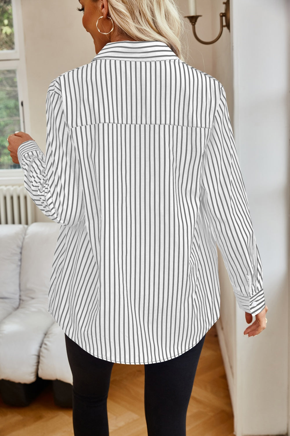 Striped Button Up Long Sleeve Shirt Blouses by Trendsi | Fleurcouture