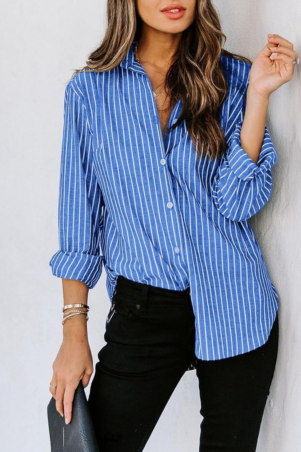 Striped Button Up Long Sleeve Shirt Blouses by Trendsi | Fleurcouture