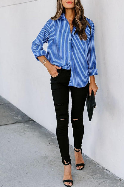 Striped Button Up Long Sleeve Shirt Royal Blue S Blouses by Trendsi | Fleurcouture